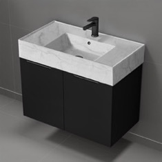 Floating Black Bathroom Vanity, Modern, 32 inch, Marble Style Sink